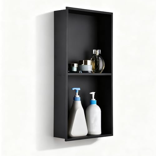NEWRAIN Shower Niche Stainless Steel Double Bathroom Niche NO Tile Neededs 12''X24'', Recessed Wall Shelves, Matte Black Shower Shelf Insert - color: Matte Black, style: 12''×24''