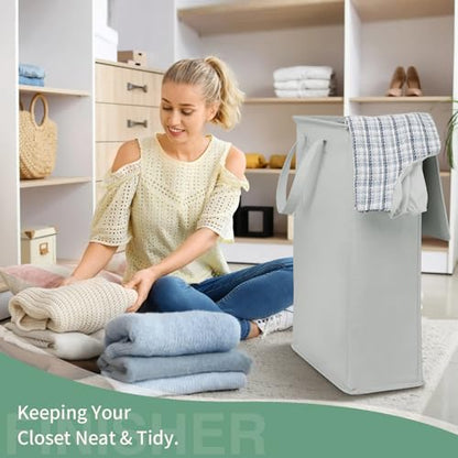 GOMAJI Slim Laundry Basket with Lid and Handles, Foldable Laundry Basket for Clothes, Clothes Hamper Easy to Carry, Dirty Hampers for Bedroom, Bathroom, Dorm, College, 12.7 Gallons(48L) - color: LIGHT GREY