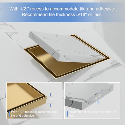 6 Inch Square Shower Drain-Brushed Gold, with Tile Insert Grate | AISI 304 Stainless Steel Shower Drain, Shower Floor Drain with Hair Catcher, Fits Bathroom, Balcony - color: Brushed Gold, size: 6 Inch
