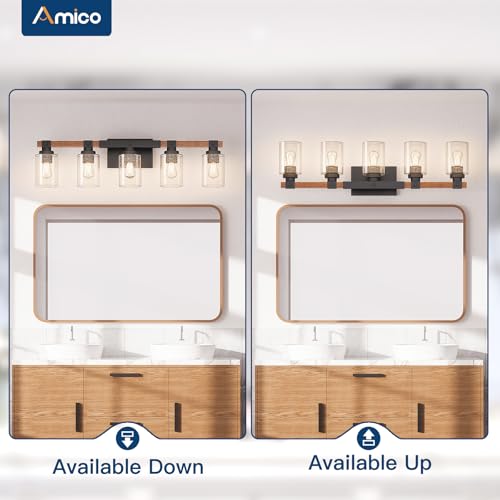 Amico 5-Light Farmhouse Bathroom Vanity Light, Seeded Glass, Black & Wood | Bubble Glass Shade Wall Sconce, Over Mirror Lighting for Bathroom, Bedroom, Living Room, Hallway, Powder Room, Entryway - size: 5-Light