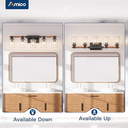 Amico 5-Light Farmhouse Bathroom Vanity Light, Seeded Glass, Black & Wood | Bubble Glass Shade Wall Sconce, Over Mirror Lighting for Bathroom, Bedroom, Living Room, Hallway, Powder Room, Entryway - size: 5-Light
