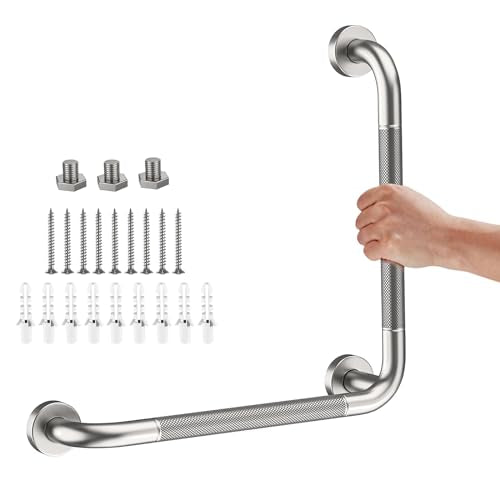 Angled Grab Bar 16x16 Inch, L-Shaped Grab Bars for Bathtub Shower | Brushed Nickel Bathroom Grab Bar for Senior, Stainless Steel, Anti-Slip Knurled Grip, Wall Mounted Handicap Bars for Toilet - color: Brushed Nickel, size: 16x16 inch