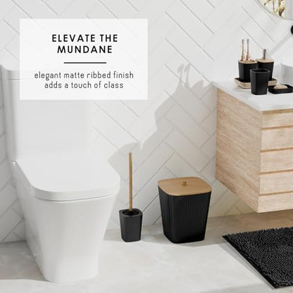 Clara Clark Bathroom Accessories Set - 27PC Bathroom Set with Adhesive Corner Shower Caddy Hanging, Bathroom Sets with Shower Curtain and Rugs, Black Shower Curtain Set with Bathroom Trash Can | 27 Piece Bathroom Sets with Shower Curtain and Rugs with Soa