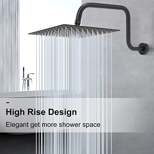 NearMoon S Shape Shower Extension Arm with Flange, Stainless Steel High Rise Shower Head Extender Pipe, Horizontal Extension Standard 1/2" Connection- Bathroom Accessory, 16 Inch (Matte Black)