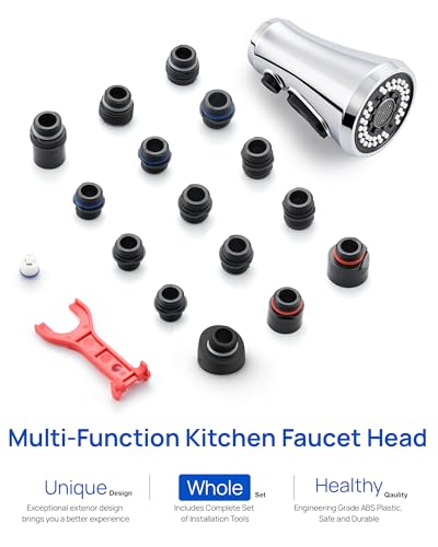 Chrome Kitchen Sink Pull Down Sprayer Head Replacement with 15 Adapters | Sink Faucet Head Replacement, High Pressure Sprayer Nozzles, 3 Functions Faucet Sprayer Attachment for Kitchen Faucet - color: Chrome