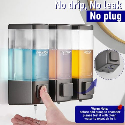 Pollock Shampoo and Conditioner Dispenser 3 Chamber * 500ML | Shower Soap Dispenser Wall Mounted, Body Wash Dispenser No Drill, Refillable Shower Dispenser for Bathroom - color: Blk-zt-53-gun3