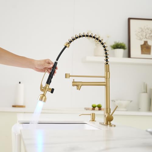 Fapully Commercial Kitchen Faucets with Pull Down Sprayer Brushed Gold LED | Single Handle Faucet for Kitchen Sink, Kitchen Faucet with Soap Dispenser and Deck Plack for 4 Hole - color: Brushed Gold, style: Rustic
