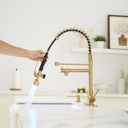 Fapully Commercial Kitchen Faucets with Pull Down Sprayer Brushed Gold LED | Single Handle Faucet for Kitchen Sink, Kitchen Faucet with Soap Dispenser and Deck Plack for 4 Hole - color: Brushed Gold, style: Rustic