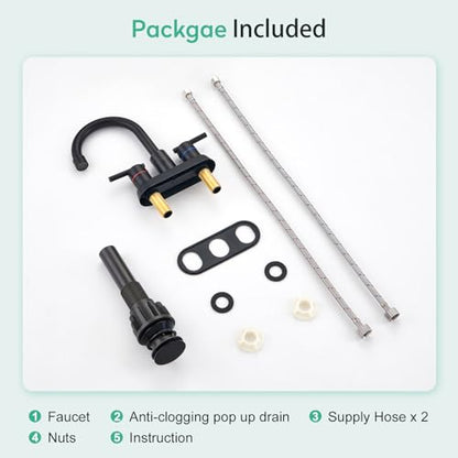 Faustina Matte Black Bathroom Faucet, 4 Inch Centerset Bathroom Faucets for Sink 2 Hole 3 Holes，Two Handles 304 Stainless Steel Faucet with Pup up Drain and 2 cUPC Water Supply Lines for RV Vanity - color: Black, style: Modern Centerset