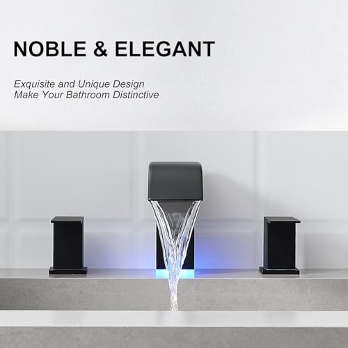 RUMOSE LED Bathroom Faucets Set 3 Hole Vanity Faucet with Pop Up Drain | Matte Black Bathroom Sink Faucet, Widespread Waterfall, 3 Colors Light Changing, Stainless Steel, Deck Mounted - color: Matte Black