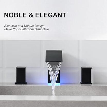 RUMOSE LED Bathroom Faucets Set 3 Hole Vanity Faucet with Pop Up Drain | Matte Black Bathroom Sink Faucet, Widespread Waterfall, 3 Colors Light Changing, Stainless Steel, Deck Mounted - color: Matte Black