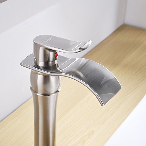 BWE Brushed Nickel Bathroom Vessel Sink Faucet 1 Hole, Modern Style | Single Handle, Wide Waterfall Spout, Ceramic Cartridge, Solid Brass Body, Pop-Up Drain & Water Line Included, Easy Install, - color: Brushed Nickel