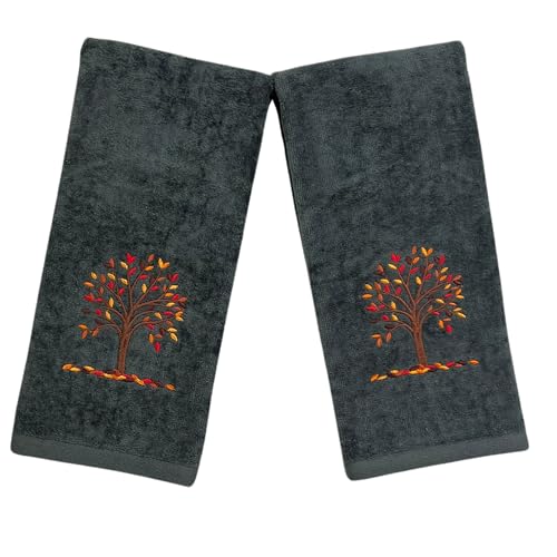 Serafina Home Harvest Fall Bathroom Guest Hand Embroidered Towels 2 Pc Set: Autumn Tree Design Bath Plush Grey Gray Towels, 100% Cotton, 16" x 25" Inches, Oeko-TEX Certified - color: Autumn Tree Grey