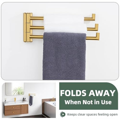 Aomasi Brushed Gold Swivel Towel Bar with Multi 3 Arms, 304 Stainless Steel | Rust-resistant Pivoting Drying Rack for Bathroom Kitchen RV, 180° Swing Arms, Hold Multiple Towels, Space-saving Wall Mounted - color: Brushed Gold