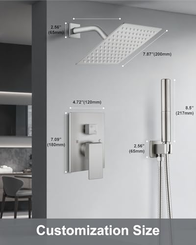 Aolemi Shower System with Rain Head and Handheld,8-Inch,Brushed Nickel | High-Pressure Shower Faucet Set with Dual-Function Handheld,Rough-In Valve,1.8 GPM,Wall-Mount Trim Kit - color: Brushed Nickel, size: 8 Inch