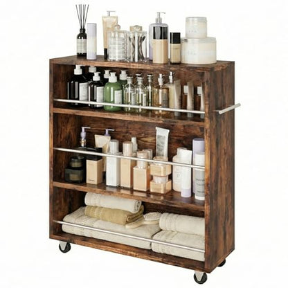 4-Tier Slim Rolling Cart with Wheels, 7.9"W Narrow Storage, Rustic Brown | 4 adjustable MDF shelves (20 lbs each), 360° casters + side handle, Fits kitchen, laundry, bathroom & dorm tight gaps - color: Brown