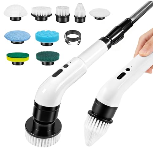 Electric Spin Scrubber, Cordless Shower Scrubber with 9 Scrub Brushes, 2 Speed & Battery Level Display, Adjustable Extension Handle Power Scrubber for Bathroom Tile Tub Floor