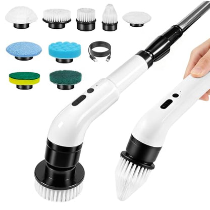 Electric Spin Scrubber, Cordless Shower Scrubber with 9 Scrub Brushes, 2 Speed & Battery Level Display, Adjustable Extension Handle Power Scrubber for Bathroom Tile Tub Floor