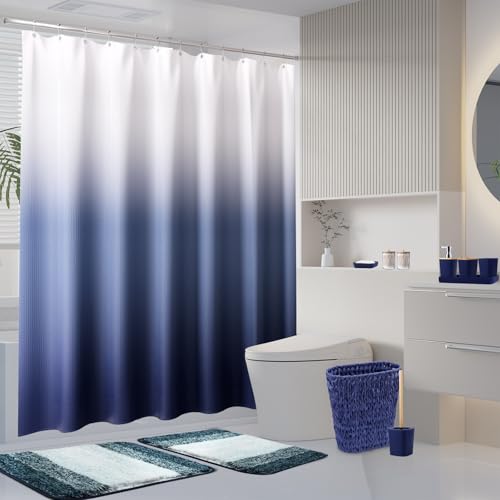 XLHOMO Navy Blue Bathroom Accessories Set with Wicker Trash Can Shower Curtain and Rugs,Bathroom Sets Small Waste Basket Bathroom Trash Can for Bedroom Bathroom - size: Wicker Bathroom Set+Shower Curtain+Bath Rugs, style: Navy Blue