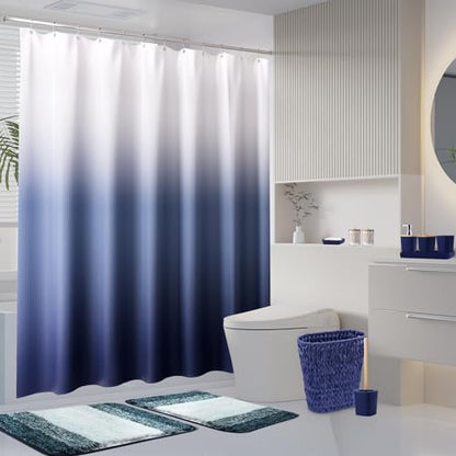 XLHOMO Navy Blue Bathroom Accessories Set with Wicker Trash Can Shower Curtain and Rugs,Bathroom Sets Small Waste Basket Bathroom Trash Can for Bedroom Bathroom - size: Wicker Bathroom Set+Shower Curtain+Bath Rugs, style: Navy Blue