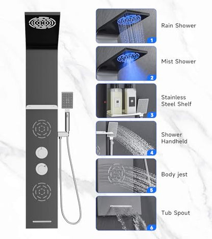 POPFLY LED Shower Panel Tower with Shelf, Mist & Rainfall Shower System | 304 Stainless Steel Shower Tower with 2 Body Massage Jets, Tub Spout, 3-Function Handheld Shower, Matte Black - style: 2 Body Jets with Shelf-Black