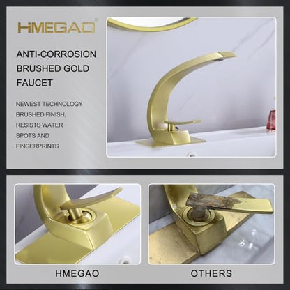 Brushed Gold Bathroom Faucet,Modern Single Hole Bathroom Sink Faucet,High Arc Brass Basin Mixer with 1 Hole or 3 Hole Mount 6-Inch 10-Inch Deckplate,Pop Up Overflow Drain Assembly Included - color: Brushed Gold, style: With Drain