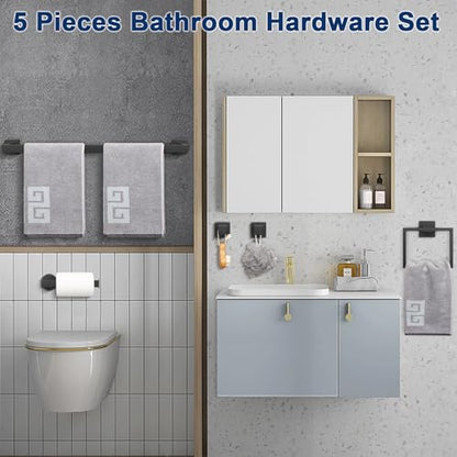 NearMoon 5 Pieces Bathroom Hardware Set 304 Stainless Steel, Square Towel Rack Kit - 24" Towel Rod + Towel Ring + Toilet Paper Holder + 2 Robe Hooks, Wall Mounted Bath Accessories (Matte Black) - color: Matte Black