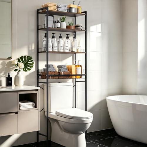 Over The Toilet Storage Rack 4-Tier Freestanding Bathroom Organizer Shelf Over Toilet with Adjustable Shelf & Basket, Space-Saving for Small Spaces, Rustic Brown