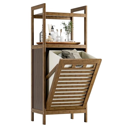 HITNET Bamboo Tilt Out Laundry Hamper, Bathroom Storage Cabinet with Hidden Removable Basket and 2 Open Shelves, Space Saving Bamboo Storage for Clothes, Towels and Toys, Walnut - color: Walnut