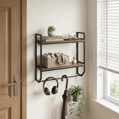 Giantex Bathroom Shelf with Towel Bar, Industrial Wood Wall Mounted Shelves | 2-Tier Over the Toilet Storage Organizer, Metal Floating Shelf with Towel Holder for Bathroom, Kitchen, Living Room, Gray Oak - color: Gray Oak