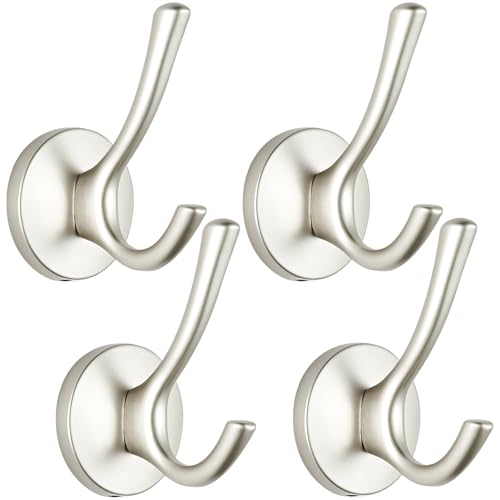 Matte Silver Towel Hooks 4 Pack, Heavy Duty Zinc Alloy Double Prong Coat Robe Hooks, Wall Mounted Towel Hooks for Bathroom, Kitchen, Closet, Garage, Entryway (195silver) - color: Brushed silver