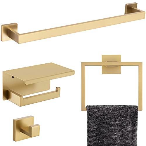 Brushed Gold Bathroom Towel Bar Holder Sets Premium Stainless Steel 4-Piece Bathroom Hardware Set Wall Mounted Bathroom Toilet Paper Holder with Shelf Set. - color: Brushed Dark Gold, size: 4-Pieces Set-B