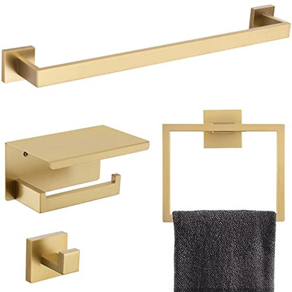 Brushed Gold Bathroom Towel Bar Holder Sets Premium Stainless Steel 4-Piece Bathroom Hardware Set Wall Mounted Bathroom Toilet Paper Holder with Shelf Set. - color: Brushed Dark Gold, size: 4-Pieces Set-B