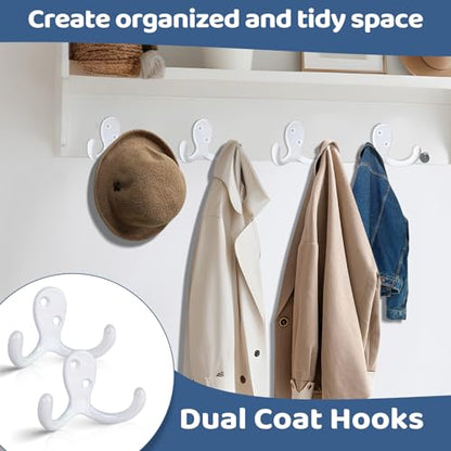 CBWLWJ 10 Pack Coat Hooks Wall Hooks for Hanging, Heavy Duty Double Prong Metal Hook Wall Mounted for Living Room, Bathroom, Kitchen, Bedroom for Coat, Bag, Scarf, Towel, Hat, Key, Cup (White) - color: White-10pack