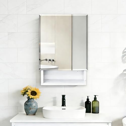 16x26 inch Bathroom Medicine Cabinet with Mirror, Platstic Framed Beveled Edge Mirror Cabinet with Removable Shelves, Extra Storage Space, Recessed or Surface Mount - style: CS5004-1626