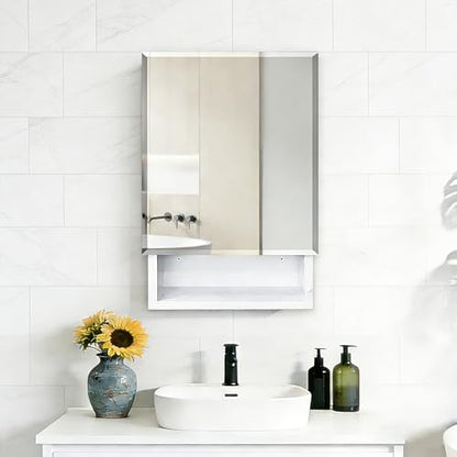 16x26 inch Bathroom Medicine Cabinet with Mirror, Platstic Framed Beveled Edge Mirror Cabinet with Removable Shelves, Extra Storage Space, Recessed or Surface Mount - style: CS5004-1626