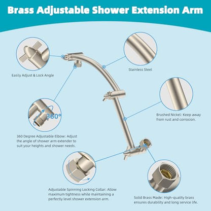 Hibbent Rain Shower Head, 13'' High Pressure Rainfall 5 Spray Mode Showerhead with 16" Shower Head Extension Arm, Brass Adjustable Shower Arm Extender, Waterfall fixed Showerheads, Brushed Nickel - color: Brushed Nickel, style: Square 13'' with Arm