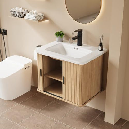 24 Inch Floating Bathroom Vanity with Sink, Wall Mounted Bath Vanity Combo with Fluted Sliding Doors, Small Space Bathroom Cabinet with Ceramic Vessel Sink, Faucet & Drain Included (Natural Oak)