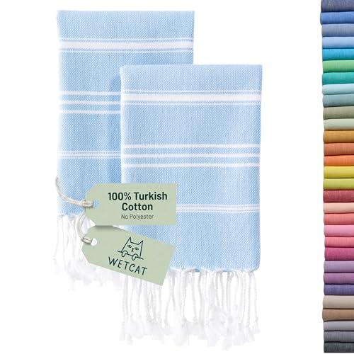WETCAT Turkish Hand Towels with Hanging Loop, Set of 2 (20" x 30") 100% Turkish Cotton, Pre-Washed, Quick Drying, for Kitchen or Bathroom - Light Blue - color: Light Blue
