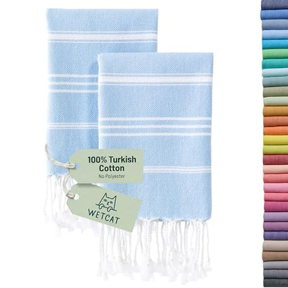 WETCAT Turkish Hand Towels with Hanging Loop, Set of 2 (20" x 30") 100% Turkish Cotton, Pre-Washed, Quick Drying, for Kitchen or Bathroom - Light Blue - color: Light Blue
