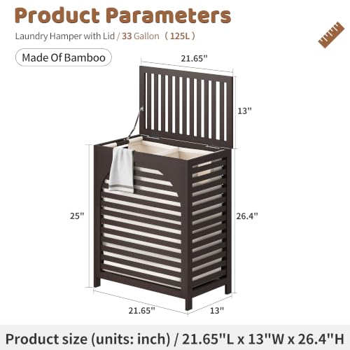 Laundry Hamper with Lid, Bamboo with Handles and Removable Liner Bag, 125L Laundry Basket for Bedroom, Bathroom & Laundry Room (Brown) - color: Brown