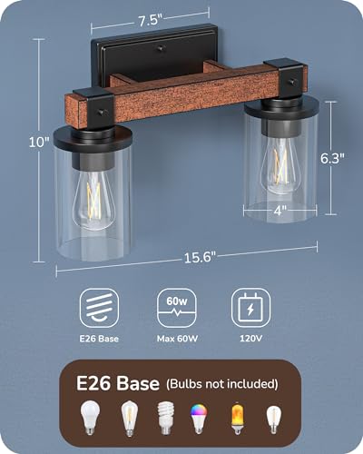 EDISHINE 2-Light Painted Wood Wall Sconces, Farmhouse Vanity Light Fixture | Clear Glass Shade, Up & Down Mounting Optional, E26 Base, Rustic Charm, Waterproof for Bedroom, Powder Room - size: 2-Light with Clear Glass Shade