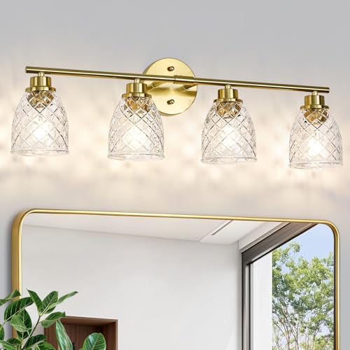 4-Light Vanity Light Over Mirror, Brushed Gold Bathroom Light Fixtures | Modern Farmhouse Wall Sconces with Hammered Glass Lampshade for Kitchen Hallway Bedroom Living Room Cabinet Porch-27.5IN - color: Brushed Gold, size: 4-Light
