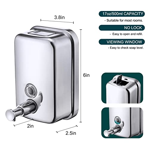 Commercial Soap Dispenser Wall Mount Stainless Steel, 17 fl.oz. | 500ml Manual Liquid Pump Rust-Proof Leak Free for Bathroom - size: 17 fl oz