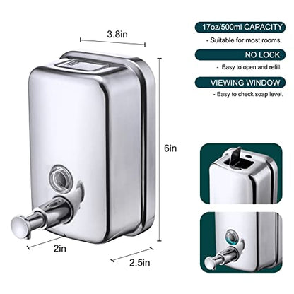 Commercial Soap Dispenser Wall Mount Stainless Steel, 17 fl.oz. | 500ml Manual Liquid Pump Rust-Proof Leak Free for Bathroom - size: 17 fl oz