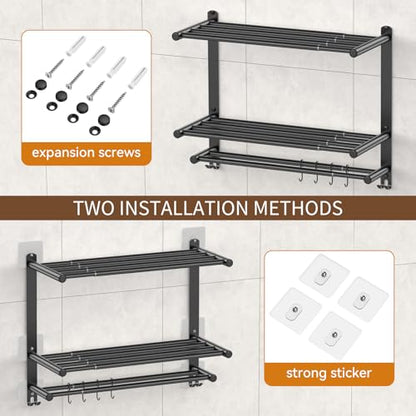 Adjustable 16.9–28" Matte Black Towel Rack for Bathroom SUS304 Stainless Steel 2-Tier Shelf with Extended Bar & 4 Sliding Hooks, Adhesive or Screw Mount, Bathroom/Over-Toilet Organizer - color: Adjustable 16.9–28" Matte Black Towel Rack