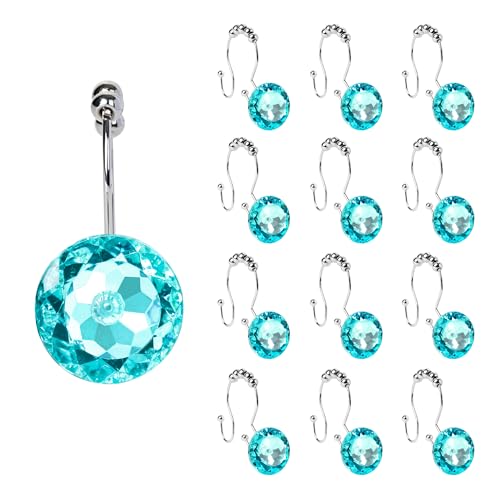 Sunlit Luxury Design Round Teal Blue Diamond Crystal Gem Bling with Glide Balls Double Shower Curtain Hooks for Mermaid Shower Curtains, Rust Proof Metal Rhinestones Glam Shower Curtain Rings-12 Pack - color: Teal With Double Hooks