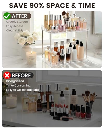 2 Tier Bathroom Counter Organizer, Clear Vanity Shelf Organizer for Skincare & Perfume, Non-Slip Bathroom Counter Shelf for Small Spaces, Bathroom Vanity Organizer Countertop (Rectangular)