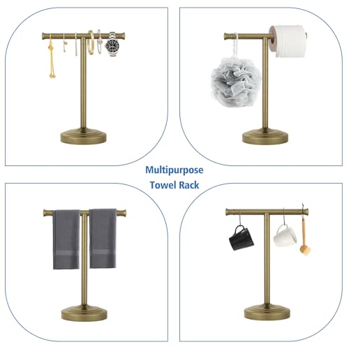 RUMOSE Antique Brass Hand Towel Holder Stand Countertop Towel Rack | 13 Inch Bathroom Kitchen Vanity T-Shape Towel Stand Free Standing Stainless Steel Towel Bar Towel Ring - color: Antique Brass