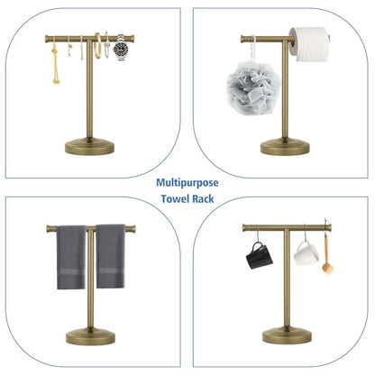 RUMOSE Antique Brass Hand Towel Holder Stand Countertop Towel Rack | 13 Inch Bathroom Kitchen Vanity T-Shape Towel Stand Free Standing Stainless Steel Towel Bar Towel Ring - color: Antique Brass